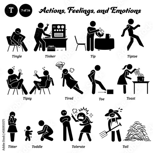Stick figure human people man action, feelings, and emotions icons alphabet T. Tingle, tinker, tip, tiptoe, tipsy, tired, toe, toast, titter, toddle, tolerate, and toil. ..