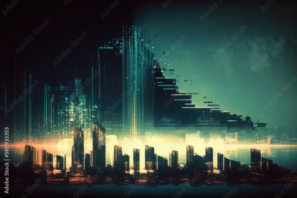 Abstract virtual coding notion with a background of an unclear skyline. Multiexposure. Generative AI
