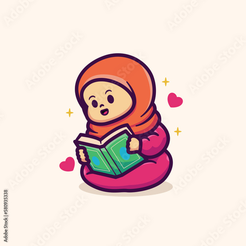 islamic ramadan cute vector illustration design little girl reading quran koran alquran