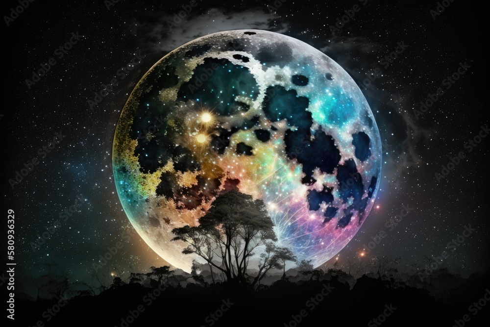 Naklejka premium Full moon and stars cast an iridescent radiance on the night sky. Generative AI