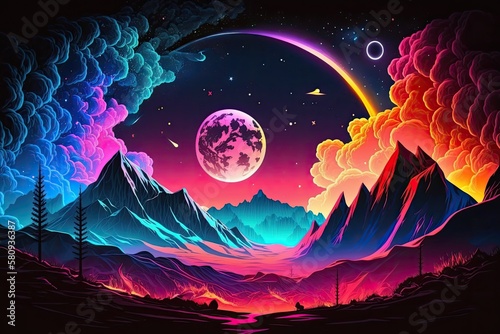 Abstract neon space landscape dream. Month and moon, mountains, fog, and star nebulae. Realistic fantasy setting zodiac signs, silhouettes, and horoscopes. illustration. Generative AI