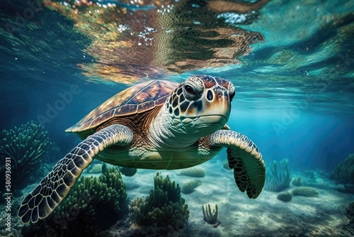 Blue water with a sea turtle. Cute sea turtle swimming in a tropical sea s clear water. picture of a green turtle underwater. Wild marine life in its natural habitat. coral reef species that are in da