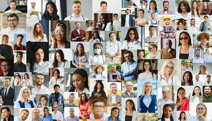 Many happy diverse ethnicity different young and old people group headshots in collage mosaic collection. Lot of smiling multicultural faces looking at camera. Human resource society database concept.