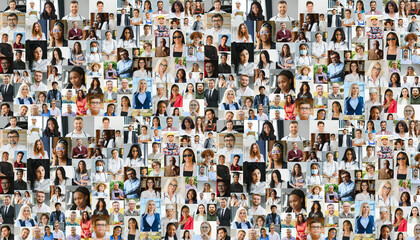 Multiracial people crowd portraits headshots collection, collage mosaic. Many lot of multicultural different male and female smiling faces looking at camera. Diversity and society concept