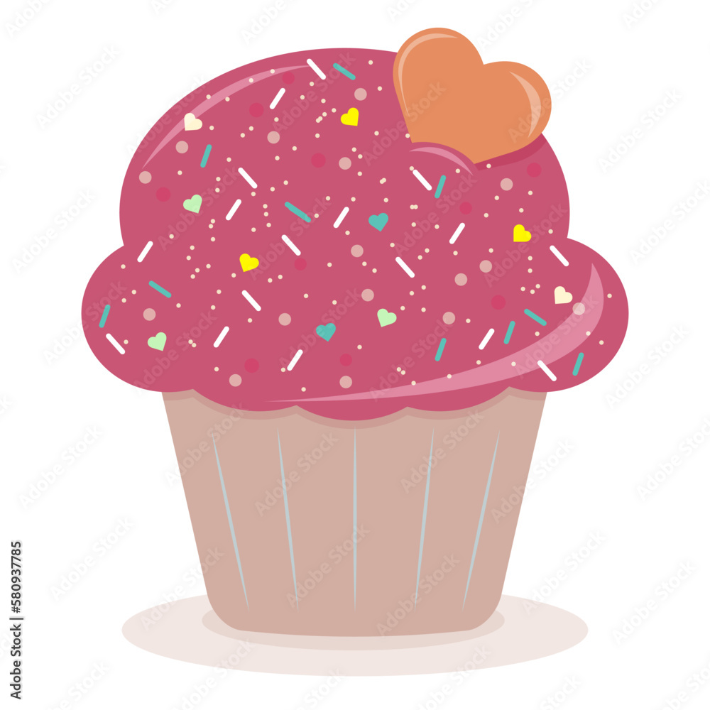 Delicious cartoon bright colorful cupcake with big cream, hearts, flowers, fruits and berries. Cupcake for cards and invitations. Vector illustration dessert. Delicious cartoon bright colorful cupcake with big cream, hearts, flowers, fruits and berries. Cupcake for cards and invitations. Vector illustration dessert.