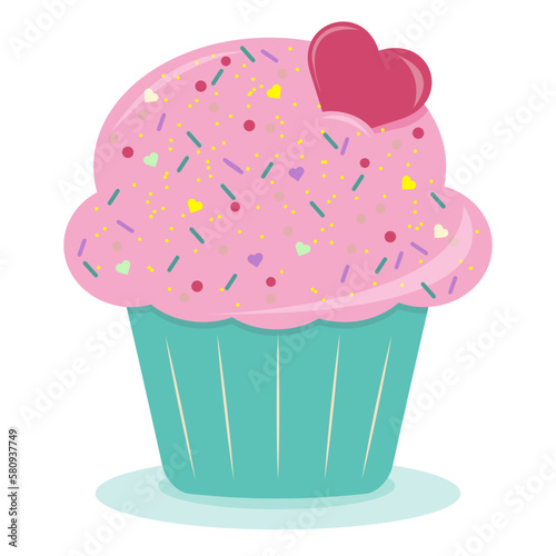 Delicious cartoon bright colorful cupcake with big cream, hearts, flowers, fruits and berries. Cupcake for cards and invitations. Vector illustration dessert.
