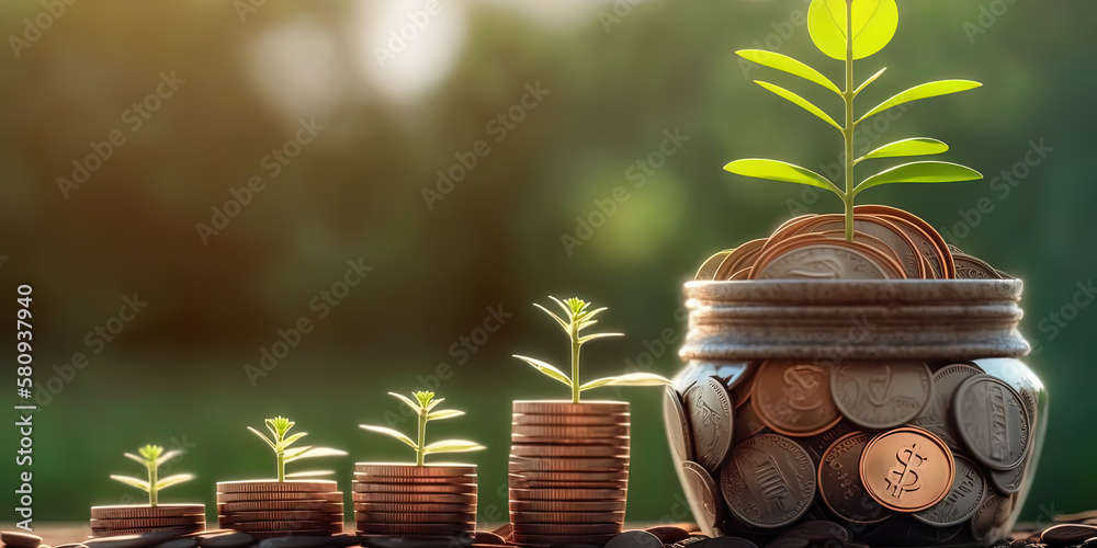 coins stacked forming steps, small plant growing in a pot full of coins, sunny background. AI-Generated