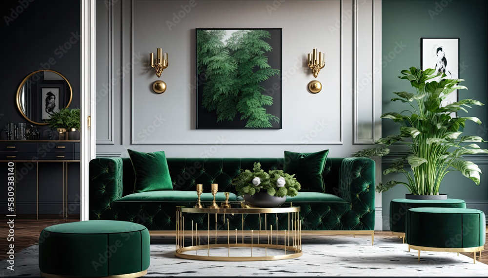 Modern interior house 2. Luxury living room design with green velvet ...
