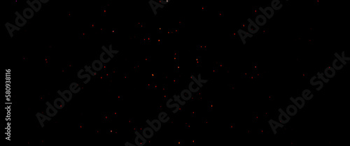 Fire flames with sparks on black background, burning red hot sparks fly from large fire in the night sky. Beautiful abstract background on the theme of fire, light and life.