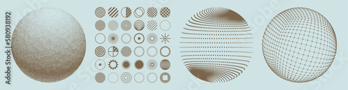 Collection of different graphic elements for design. Icon set. Spheres with lines and dots. Wifi sound signal connection or sound radio wave. 3D geometric striped rounded shape for web, mobile or ui.