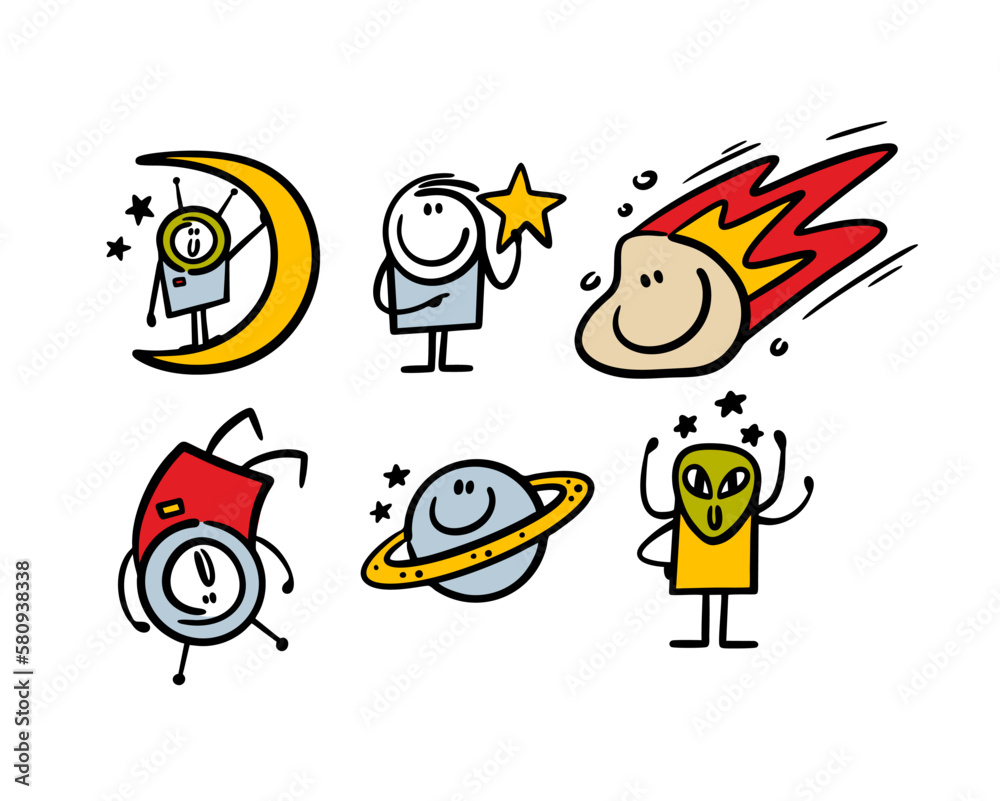 Cartoon set of outer space characters and planets illustrations with astronaut, comet, alien, moon.