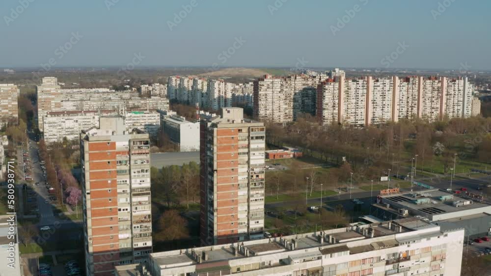 Gentle flyover of a group of apartment buildings in Zagreb, Croatia in the afternoon. Gentle flyover of a group of apartment buildings in Zagreb, Croatia in the afternoon.