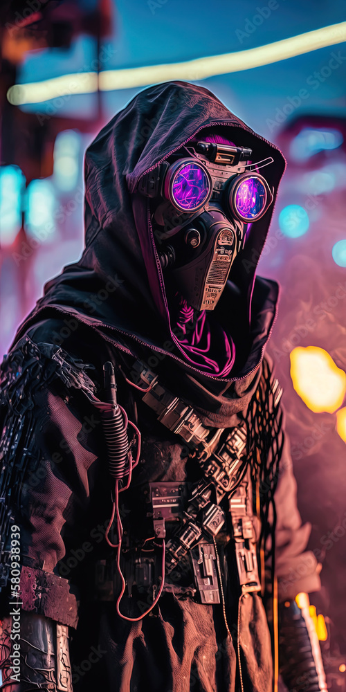 A dunepunk megatower displays a huge banner as an adult with nanobot trinkets and tech goggles stands amidst a dust storm. AI-Generated A dunepunk megatower displays a huge banner as an adult with nanobot trinkets and tech goggles stands amidst a dust storm. AI-Generated