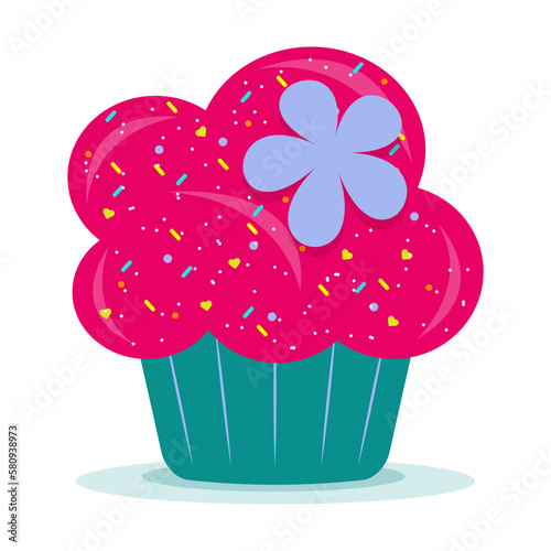 Delicious cartoon bright colorful cupcake with big cream, hearts, flowers, fruits and berries. Cupcake for cards and invitations. Vector illustration dessert.
