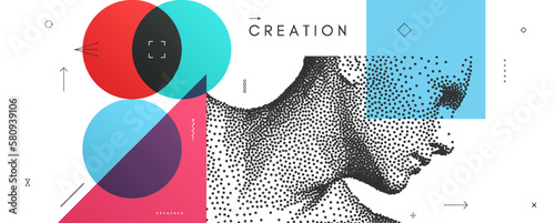 Abstract man head made from dots. Side view of dotted face background. Cover design template. Minimalistic design for business presentation, placard, banner, cover, brochure or notebook. 3d vector.