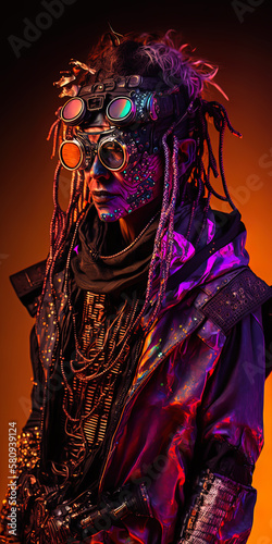 An adult in dunepunk attire with astrolabe eye implants stands amidst a dust storm. AI-Generated