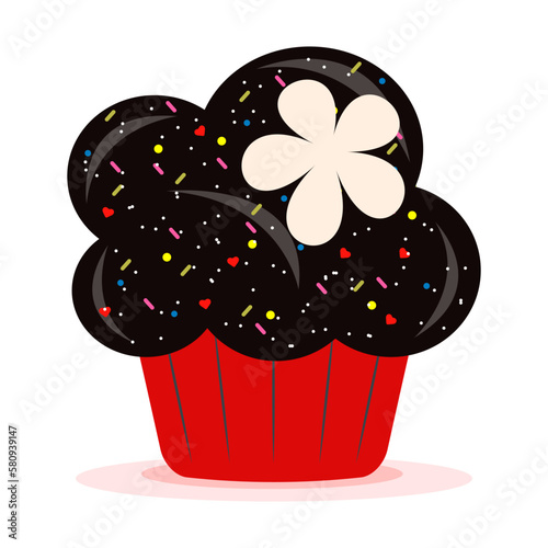 Delicious cartoon bright colorful cupcake with big cream, hearts, flowers, fruits and berries. Cupcake for cards and invitations. Vector illustration dessert.