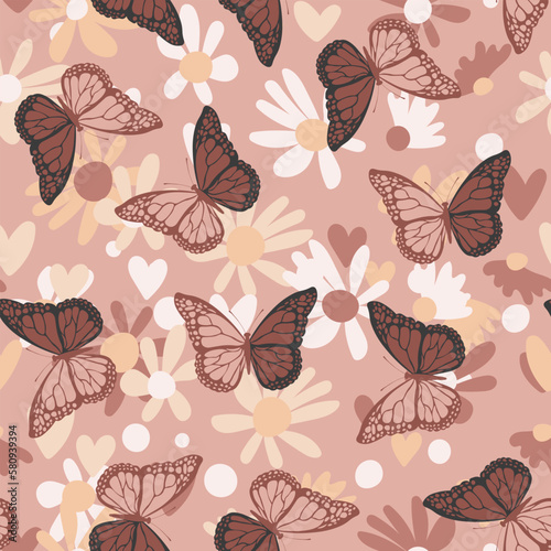 Seamless pattern with funny colorful Butterflies  flowers. Color flat vector illustration for invitation  poster  card  textile  fabric. Butterfly graphic design print. Trendy animal motif wallpaper