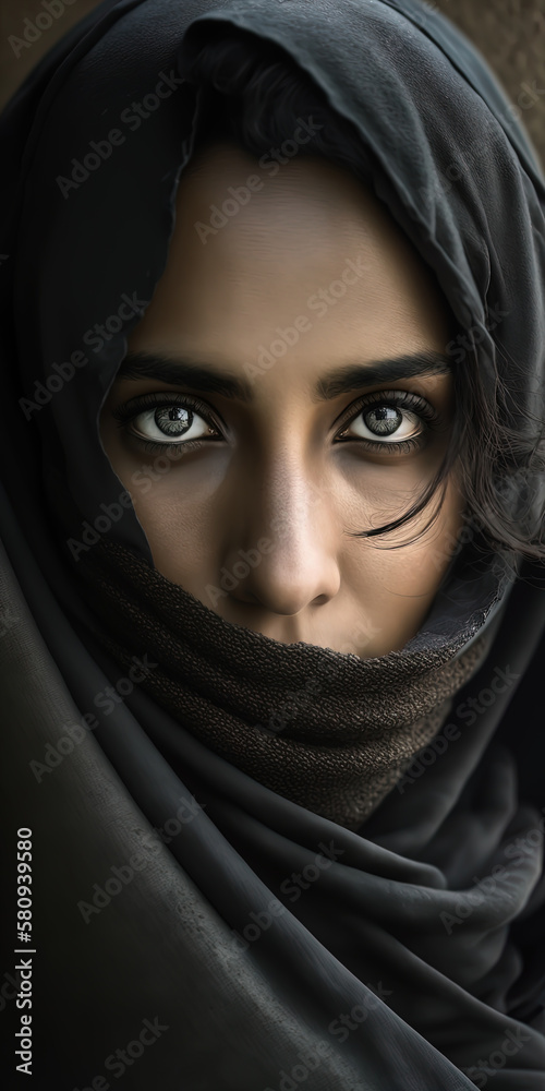 A close-up portrait of a Middle Eastern woman wearing a black niqab hijab with bokeh mountains in the background. AI-Generated A close-up portrait of a Middle Eastern woman wearing a black niqab hijab with bokeh mountains in the background. AI-Generated