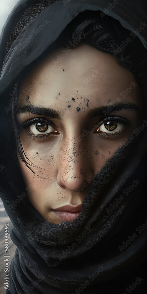 A close-up portrait of a Middle Eastern woman wearing a black niqab hijab with bokeh mountains in the background. AI-Generated A close-up portrait of a Middle Eastern woman wearing a black niqab hijab with bokeh mountains in the background. AI-Generated
