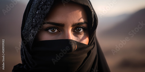 A close-up portrait of a Middle Eastern woman wearing a black niqab hijab with bokeh mountains in the background. AI-Generated