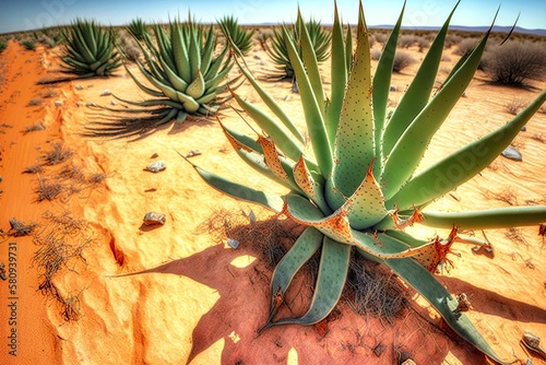 aloe vera leaves growing in arid stee areas, created with generative ai photo