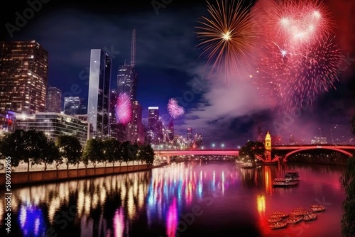 Melbourne City fireworks over the Yarra River. Generative AI © AkuAku