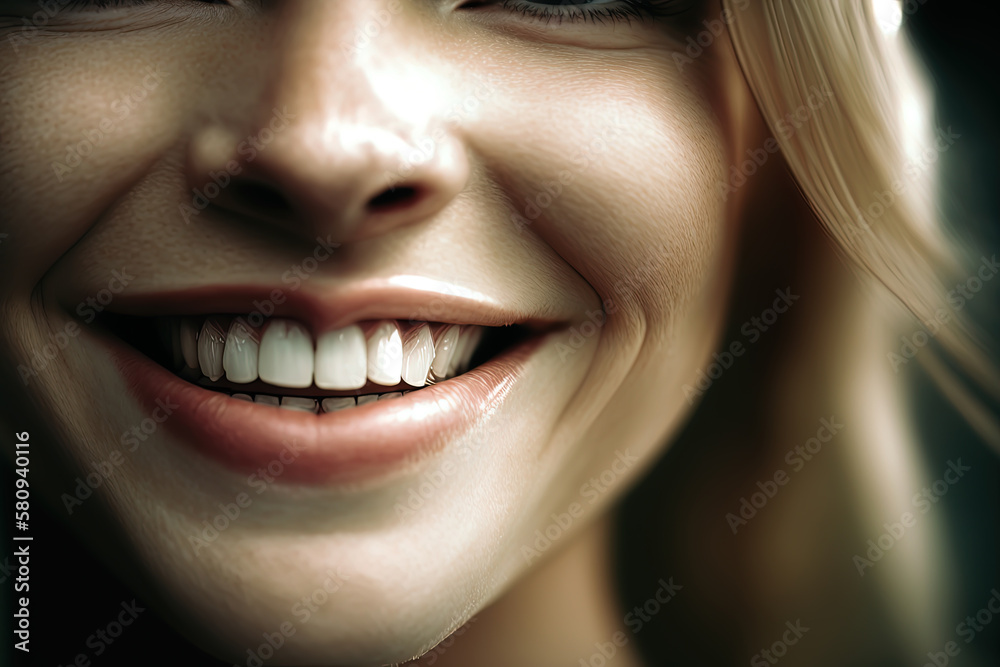 A beautiful close-up image of a cheerful smile and spotless teeth. AI-Generated