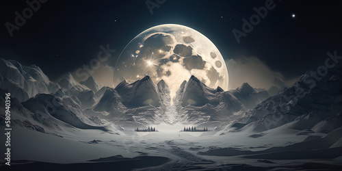 Vast snowy landscape  huge full moon  starry sky  slightly cloudy. AI-Generated