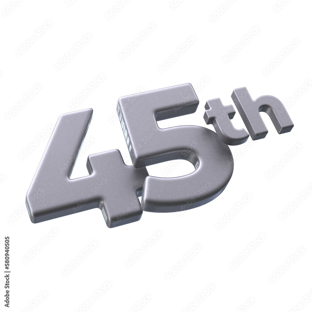 Number 45th 3D render with silver color Number 45th 3D render with silver color