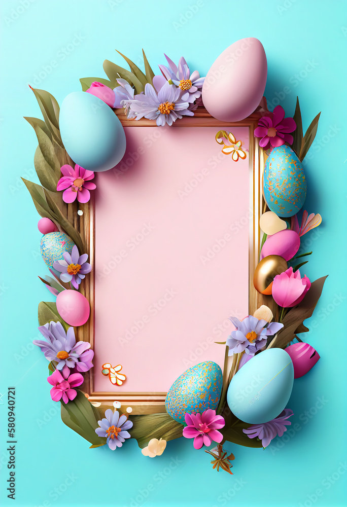 Get in the Easter Spirit with a Stunning Graphic Background Featuring Eggs and Flowers on an Azure and Pink Frame Banner - Perfect for Copy Space! Generative AI
