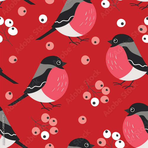 Seamless pattern with funny colorful bullfinch birds, flowers and berries. Color flat vector illustration with little cartoon bird. Cute characters. Design for invitation, card, textile, fabric