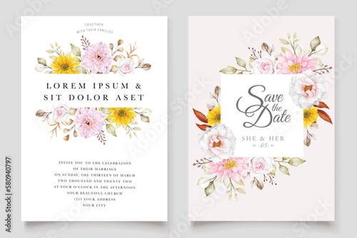 floral hand drawn illustration invitation card set 