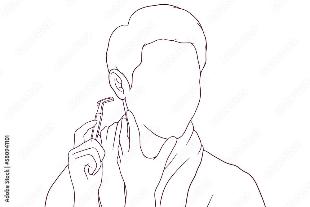 Young man shaving with razor blade hand drawn vector illustration
