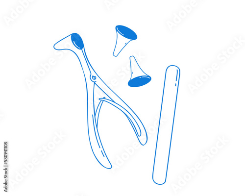 A set of medical instruments for examining the ear, throat, nose on a white gauze background. Medical spatula, ear funnel, nasal mirror. Set of otolaryngological, doodle