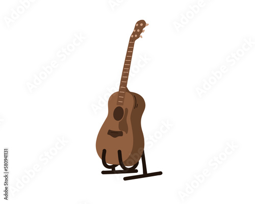 A guitar standing in a stand with a black outline. Flat vector illustration