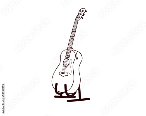 A guitar standing in a stand with a black outline.