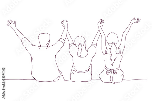 Group of friends sitting together and raising hands hand drawn vector illustration