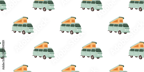 Seamless pattern with Van, summer house on wheels, mobile car for travel, camping, outdoor recreation. Flat vector illustration