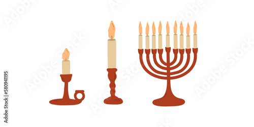 Set with a candlestick with a candle and a Hanukkah menorah. Flat vector illustration
