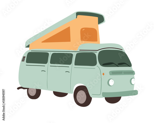 Camper, van, summer motorhome, mobile car for travelling, camping, outdoors. Flat vector illustration