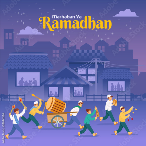 Marhaban Ya Ramadhan, translation: Welcome Ramadan with Betawi tradition called Ngarak Bedug (parading a big wooden drum to wake up neighbors for sahur(predawn meals) during the Ramadhan fasting month