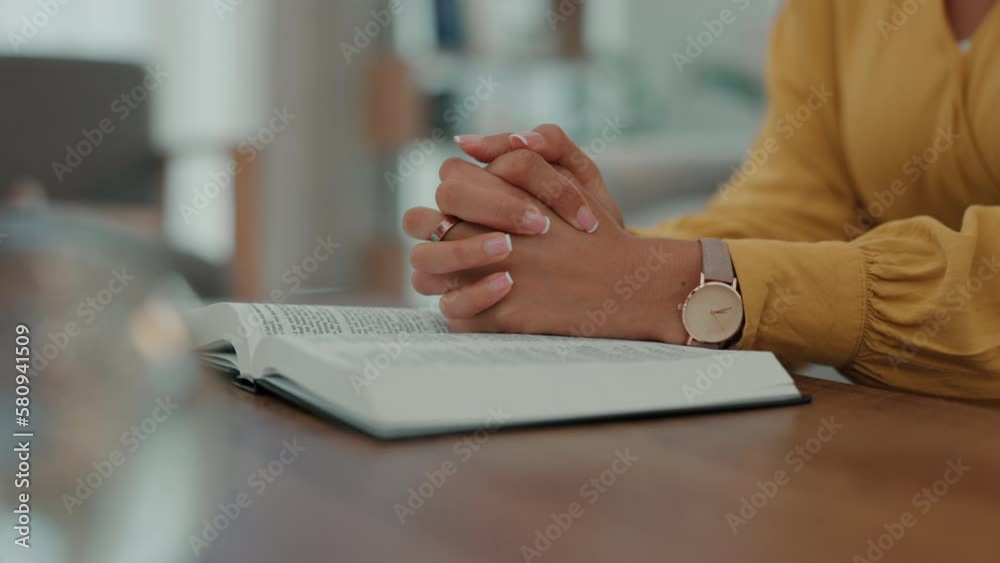 Bible worship, prayer or woman hands praying for spiritual help, higher power support or gratitude on desk table. Jesus, god or christian religion hope for Catholic grace, praise or religious person