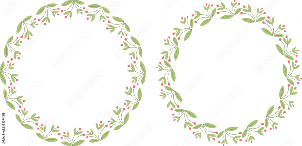 Two vector hand drawn floral frames isolated on white background. Round green wreath of branches with leaves