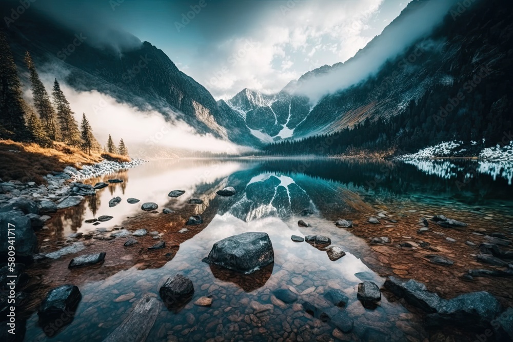 Mountain lake covered in fog. Imaginative and vibrant natural scenery Conceptual image of nature. Morskie Oko in Poland's Tatry. Generative AI - obrazy, fototapety, plakaty 