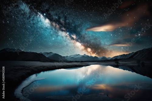 Landscape with Milky way galaxy. Night sky with stars. Generative AI © AkuAku