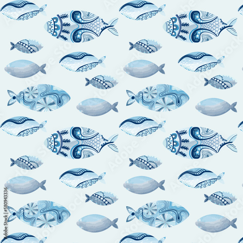 Abstract sea ocean fish seamless pattern fabric wallpaper background illustration aqua summer theme 