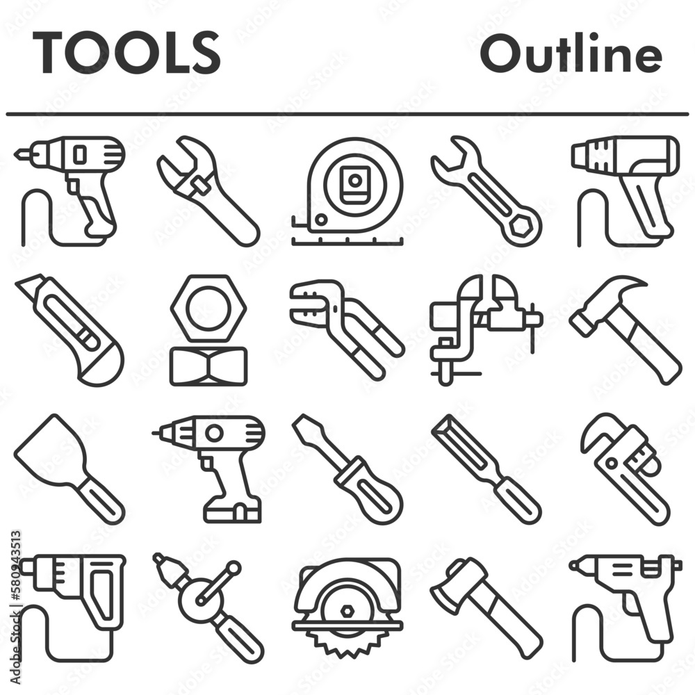 Set, tools icons set - icon, illustration on white background, outline style Set, tools icons set - icon, illustration on white background, outline style
