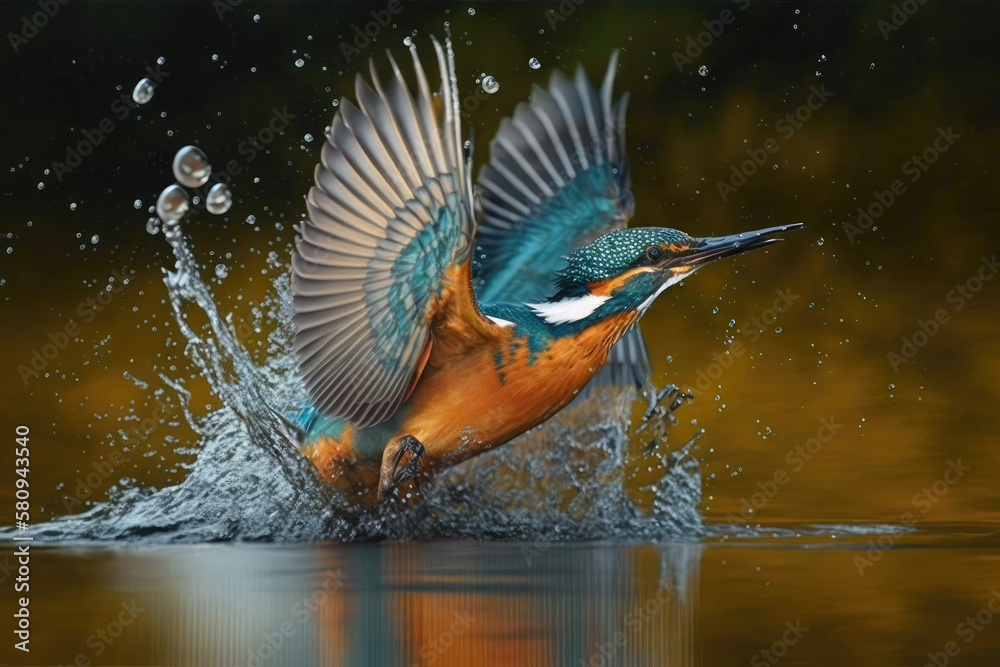 The Beautiful kingfisher diving for catching fish , Amazing moment