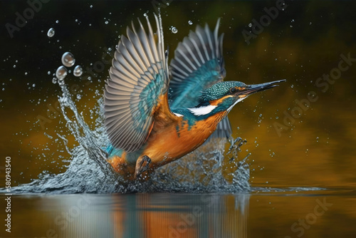 The Beautiful kingfisher diving for catching fish , Amazing moment Flying bird, generative AI © Kien